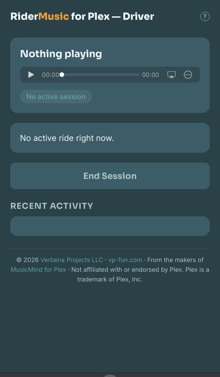 RiderMusic driver dashboard with now playing player, session status, and End Session button