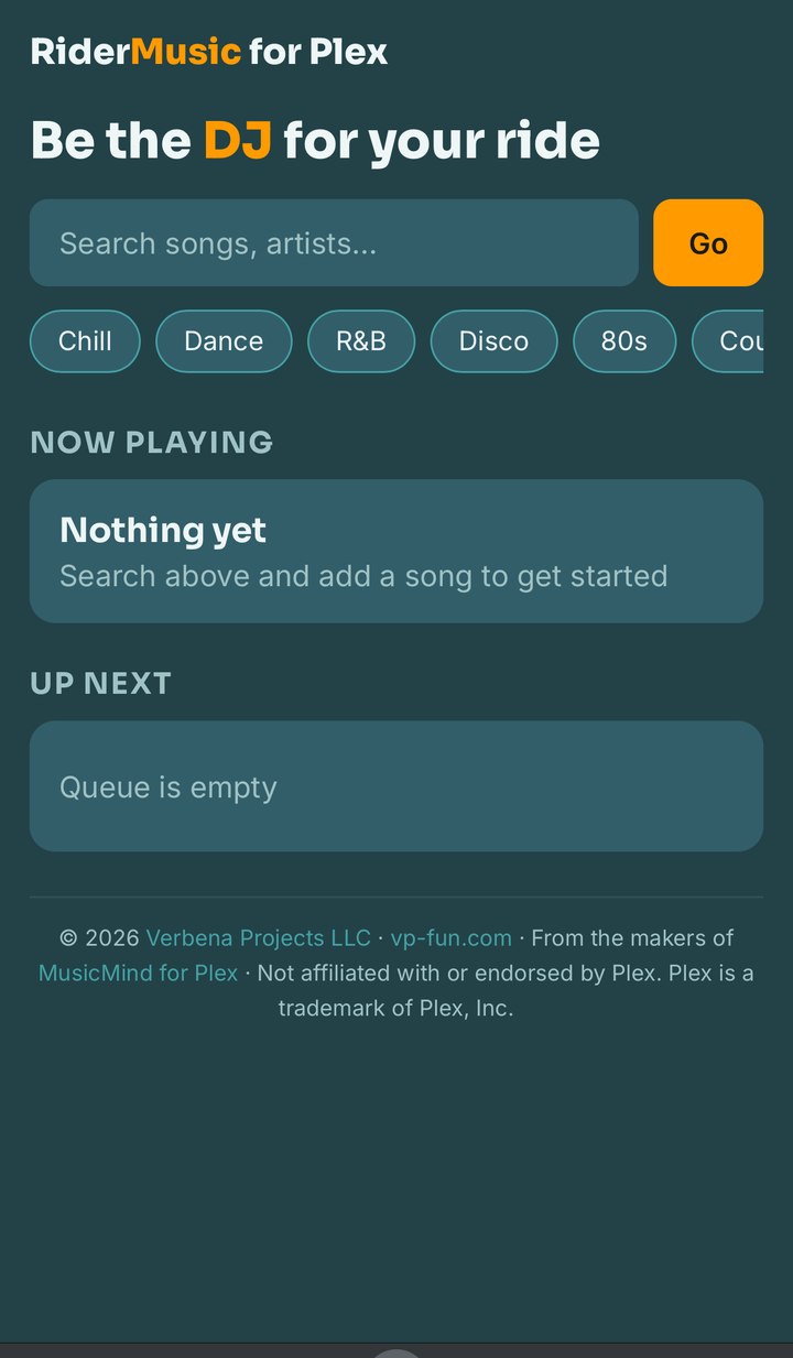 RiderMusic guest portal showing now playing and up next queue
