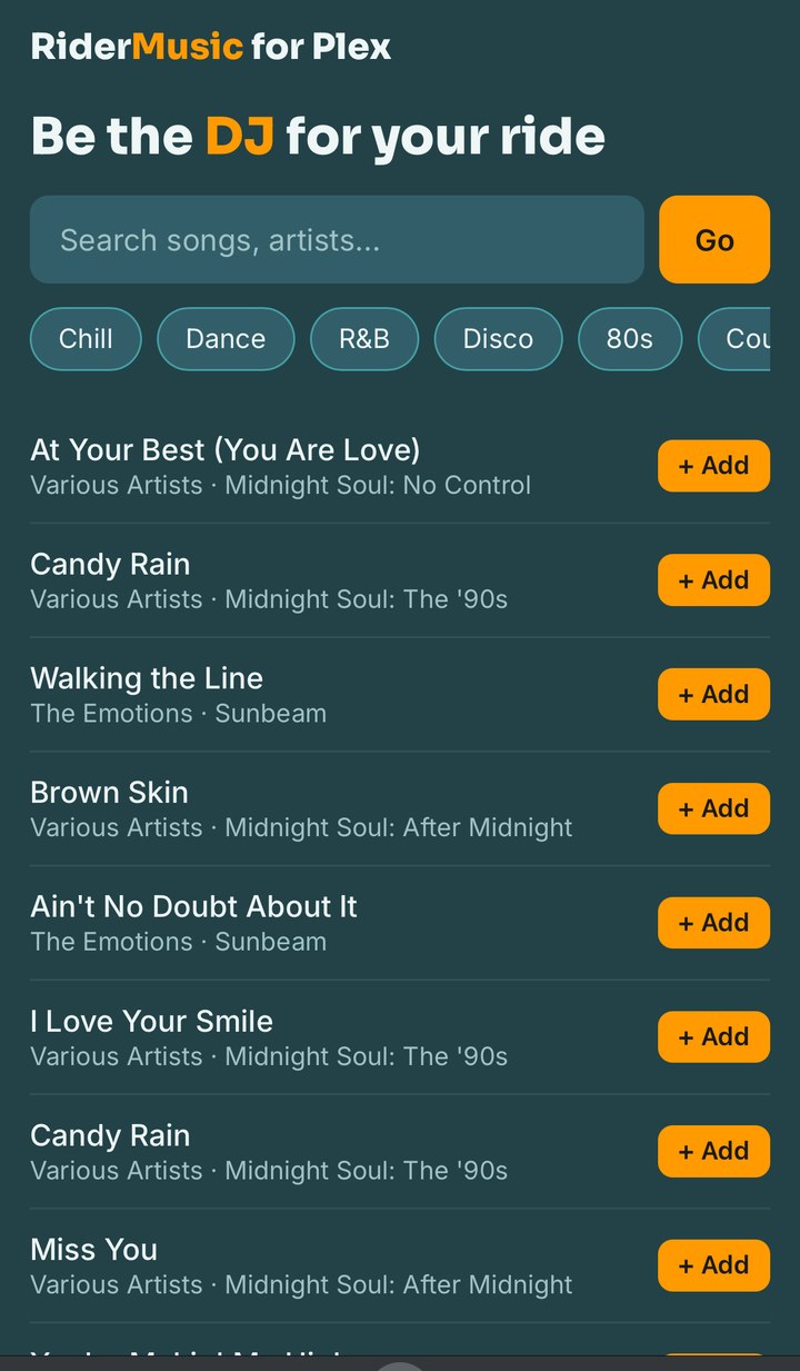 RiderMusic guest portal showing search results and mood buckets like Chill, Dance, R&B, Disco, 80s